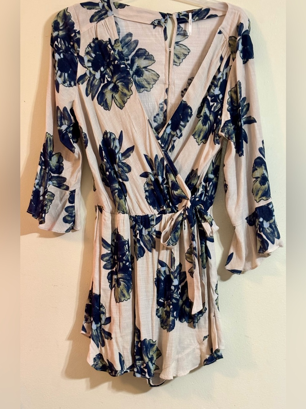 Free People Blush Floral Wrap Romper with Navy & Olive Accents